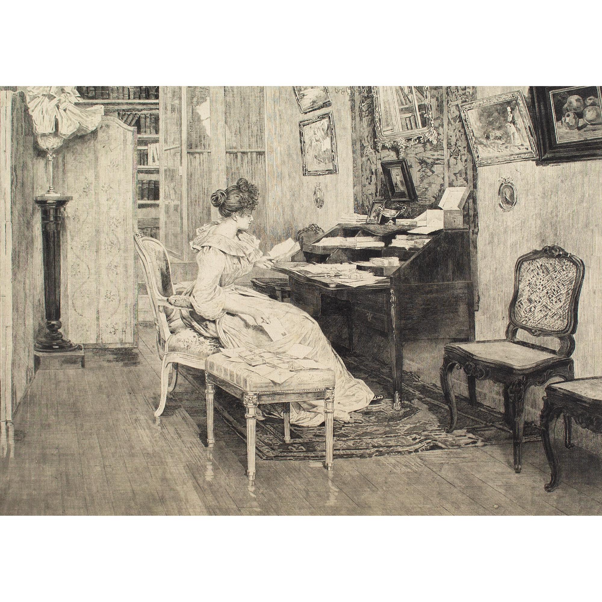 Late 19th-Century British School, Interior Scene With Woman Reading - Print by Unknown