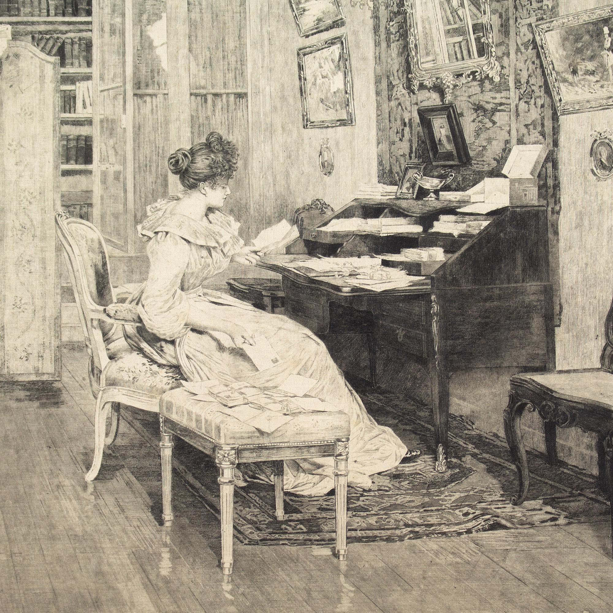 Late 19th-Century British School, Interior Scene With Woman Reading - Victorian Print by Unknown