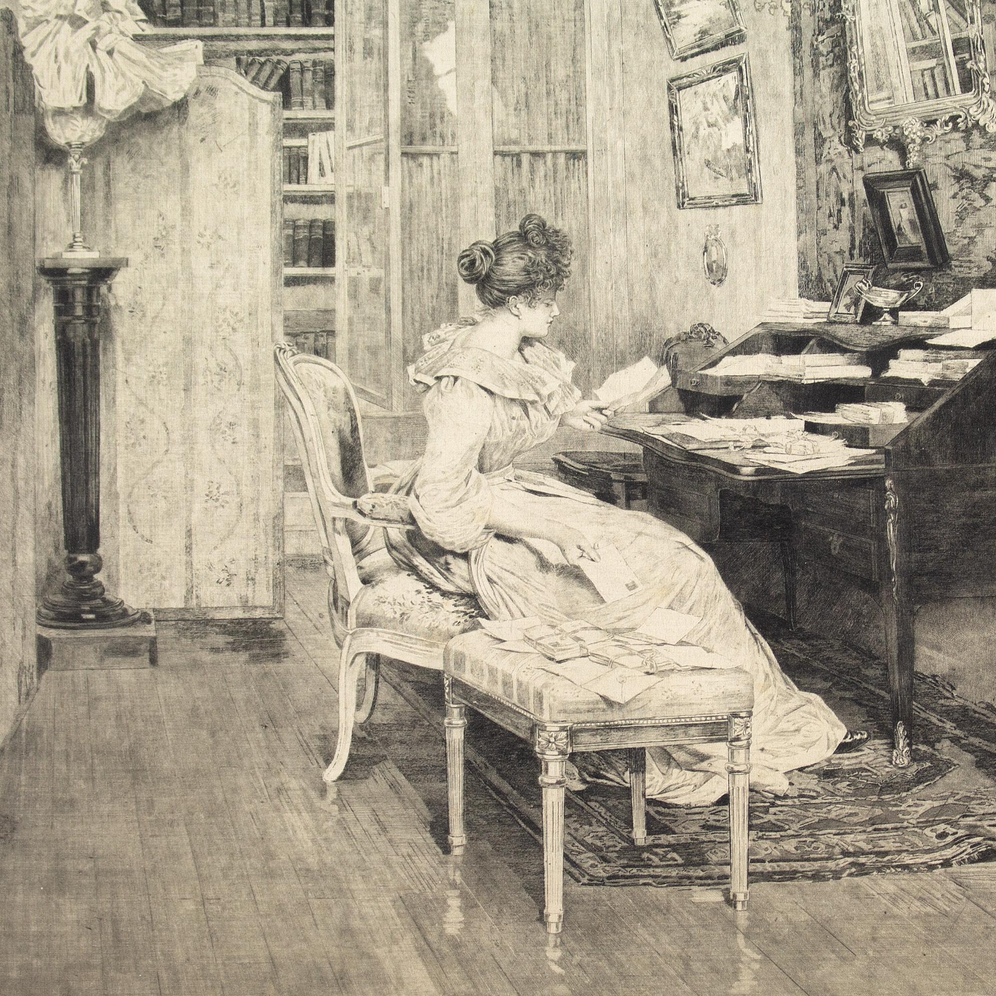 This late-19th-century British School gravure depicts a lady reading within an interior setting.

Perched on the edge of a chair within a plush Victorian room, she�’s immersed in correspondence. Perhaps a letter from a loved one, a potential suitor