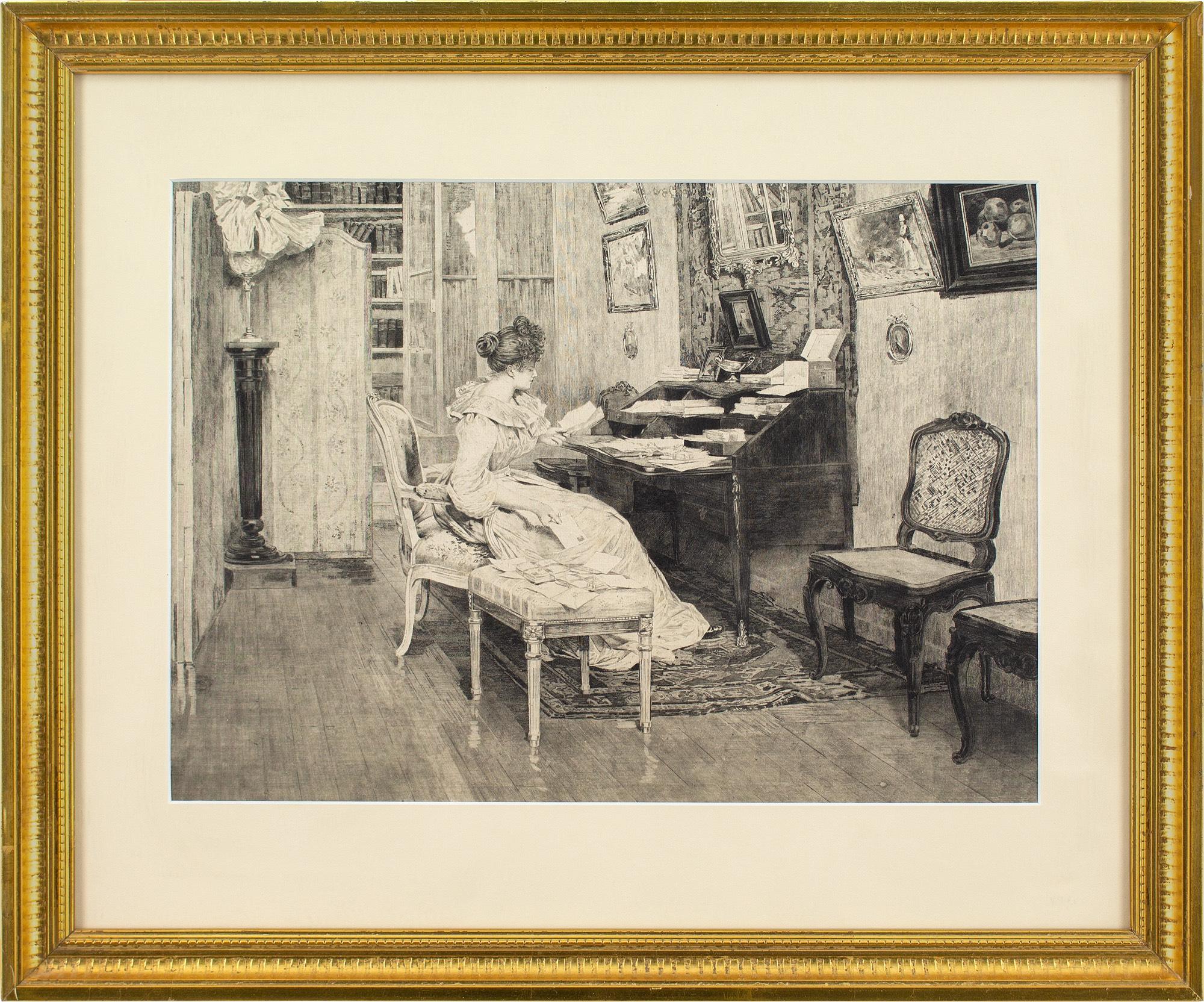 Unknown Figurative Print - Late 19th-Century British School, Interior Scene With Woman Reading