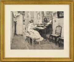 Antique Late 19th-Century British School, Interior Scene With Woman Reading