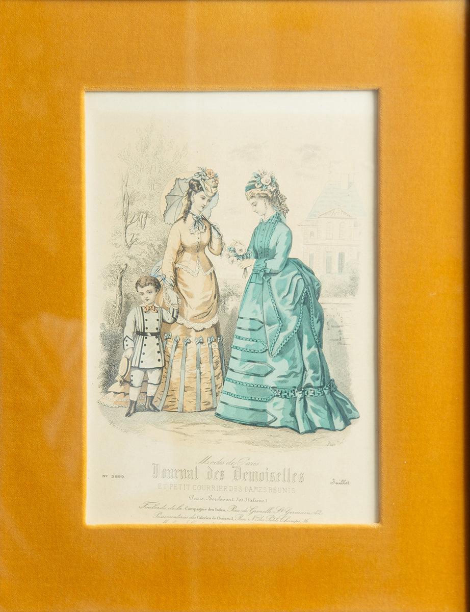 Journal Des Demoiselles Juillet, No 3899, Modes de Paris, framed by Eatons in Montreal Quebec in wood frame with gold and silver trim, circa 1872.
 
 Paper Size: 16.5 x 13.5 inches ( 42 x 34 cm )
 Image Size: 10 x 7 inches ( 25 x 18 cm )
 Framed:
