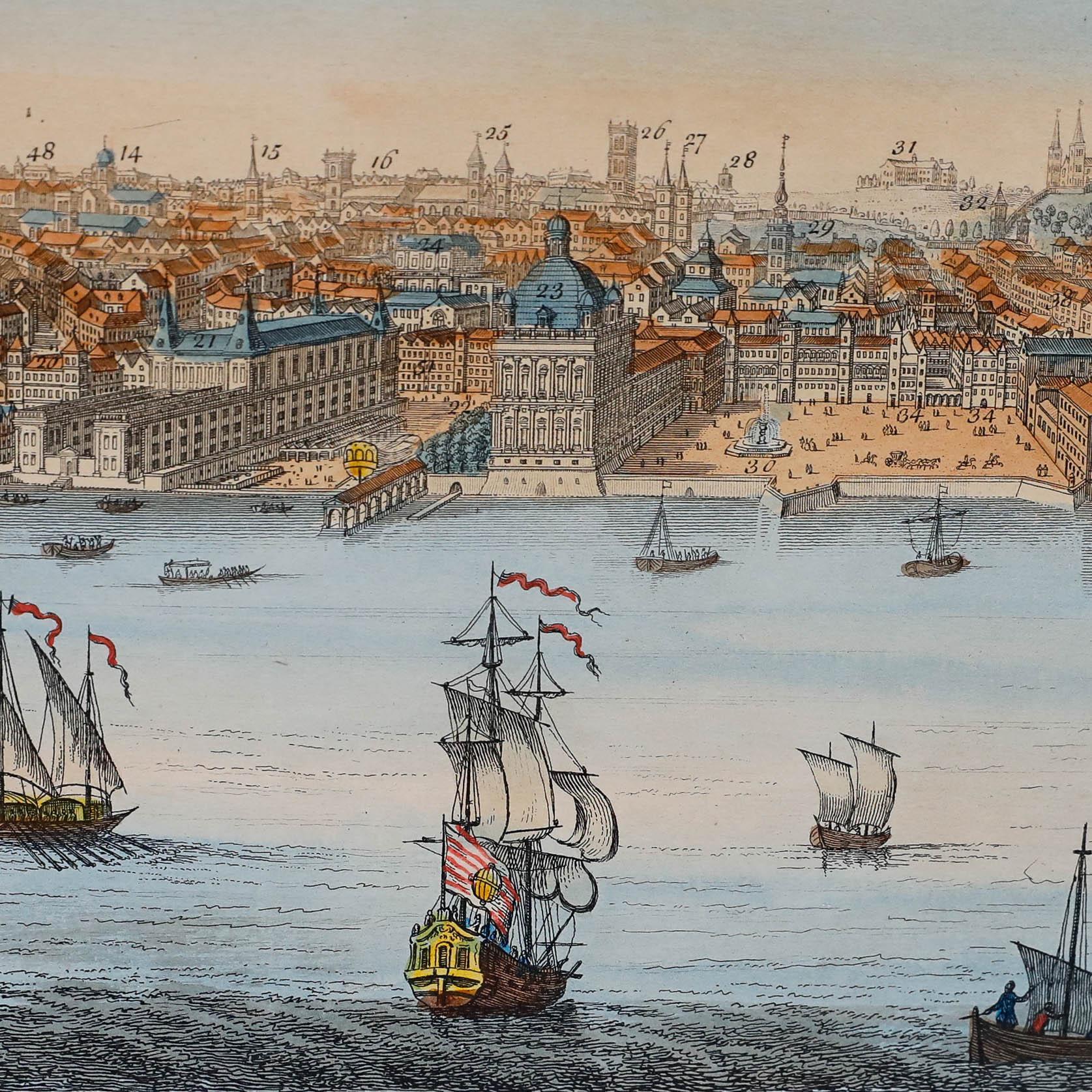 Ein lebendiger und fesselnder Druck, der eine weitläufige Ansicht von Lissabon zeigt, mit Schiffen im Vordergrund. In der Platte unter dem Bild eingeschrieben. Auf dem Papier.