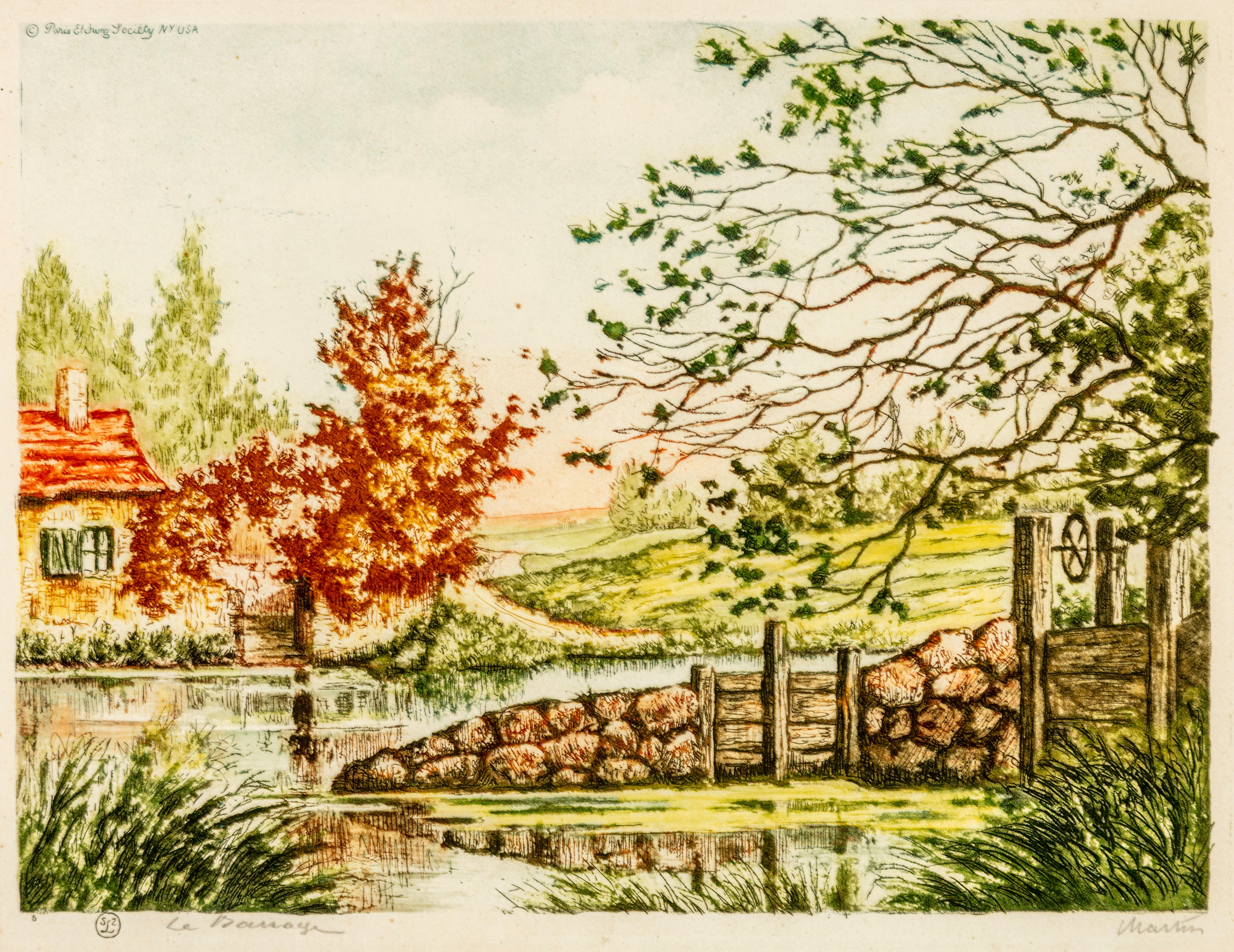 Le Barrage (The Dam) Etching, Signed, Framed, 20th Century Landscape