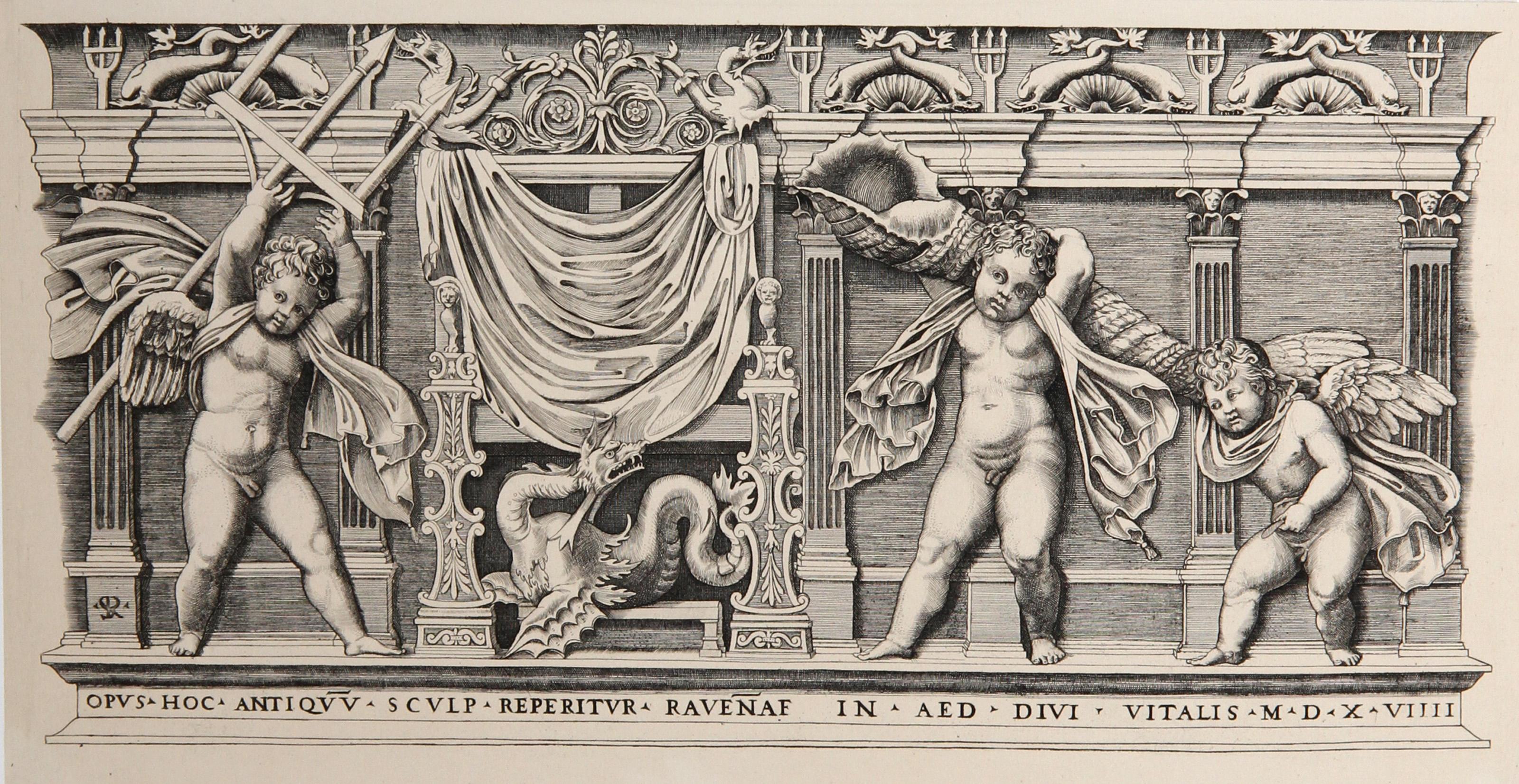  Marco Dente, After by Amand Durand, Italian (1493 - 1527) - Le Bas Relief aux Trois Amours, Year: circa 1878, Medium: Heliogravure, Size: 7.5  x 14.5 in. (19.05  x 36.83 cm), Printer: Amand Durand, Description: French Engraver and painter Charles