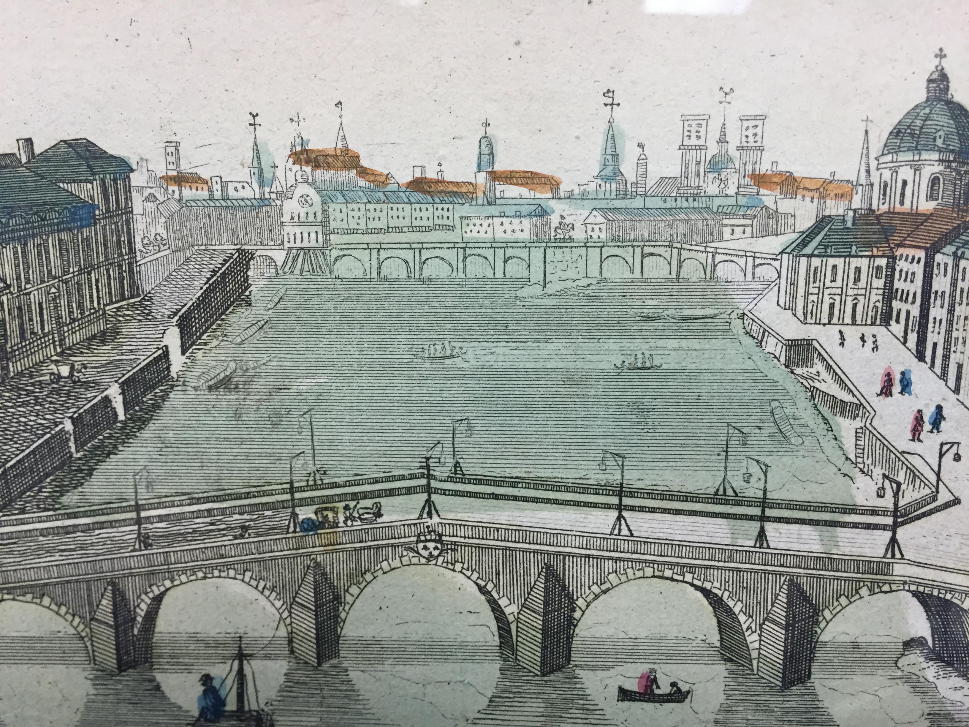 Lovely hand-colour engraving published 1766 of 'Le Pont Neuf Et Royal', the oldest standing bridge across the river Seine in Paris 

w/ FAR Gallery 746 Madison Avenue, NYC label affixed to verso

Print Sz: 10 1/2