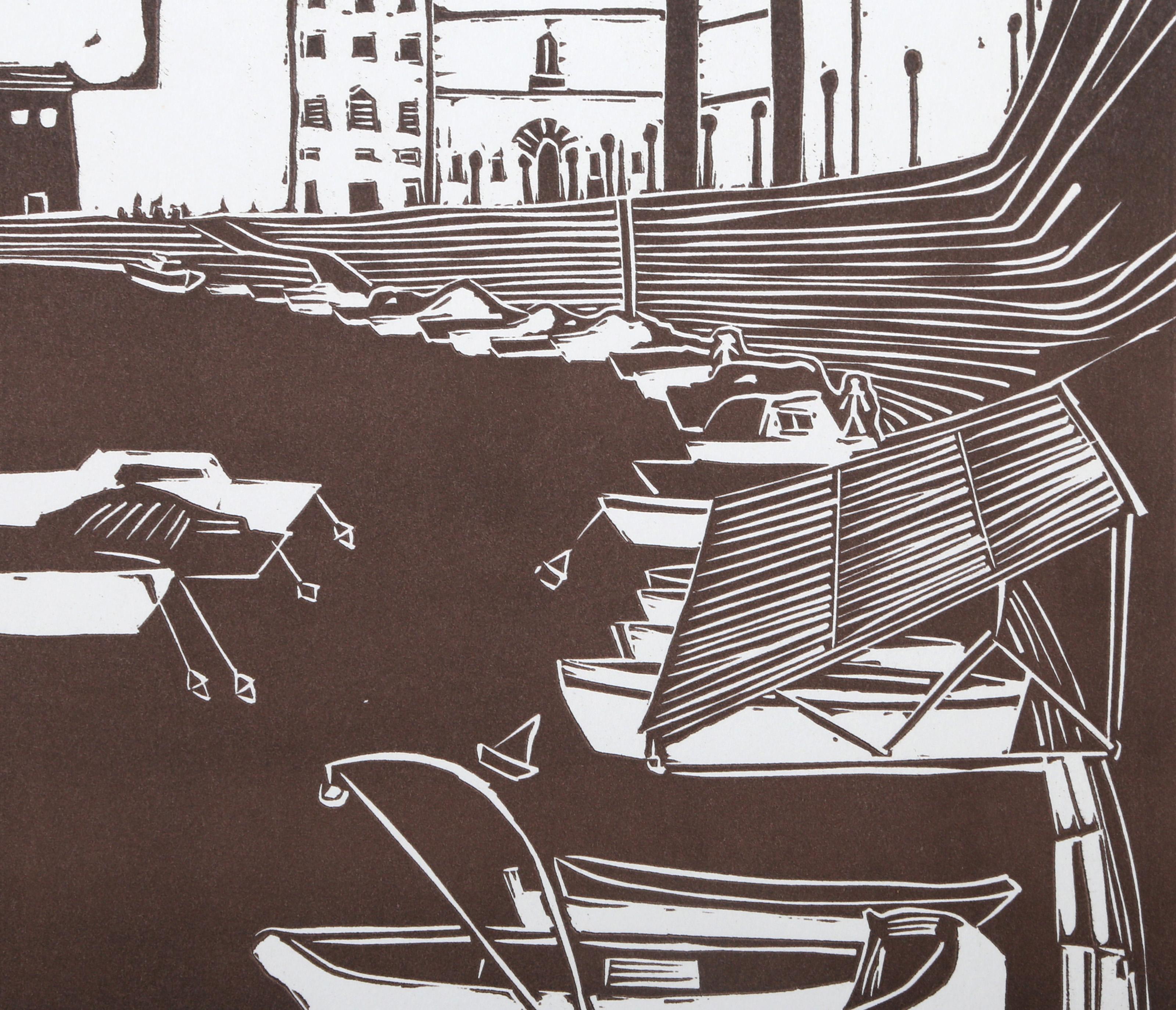 Leghorn Canal, Modern Linocut by Biagio Civale - Print by Unknown