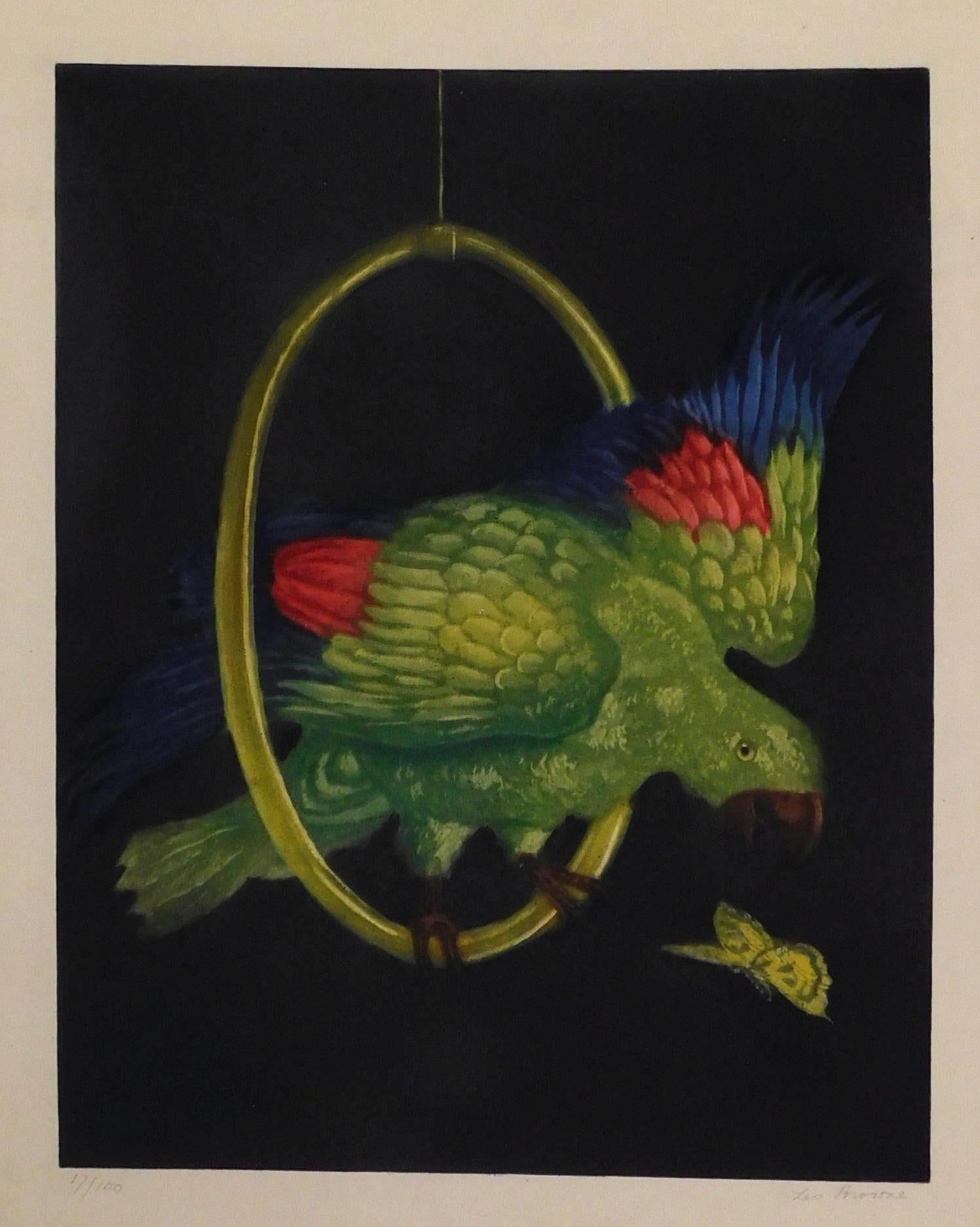 Leo Browne Color Etching, Pencil Signed - Green Parrot and Butterfly - Print by Unknown