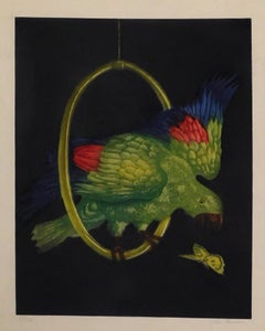 Leo Browne Color Etching, Pencil Signed - Green Parrot and Butterfly