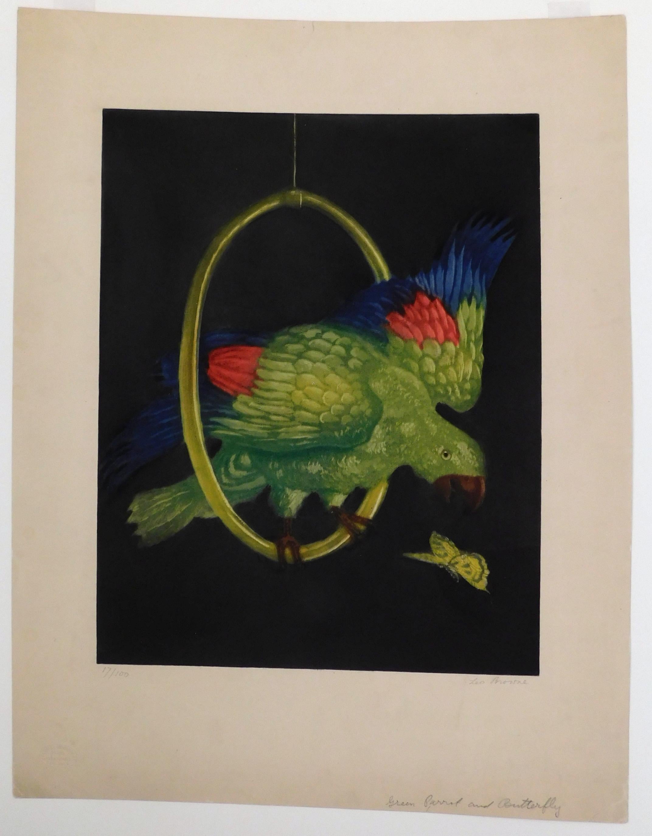 Leo Browne Color Etching, Pencil Signed - Green Parrot and Butterfly - Black Animal Print by Unknown