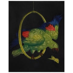 Leo Browne Farbradierung, Bleistift signiert - Grüner Papagei und Schmetterling