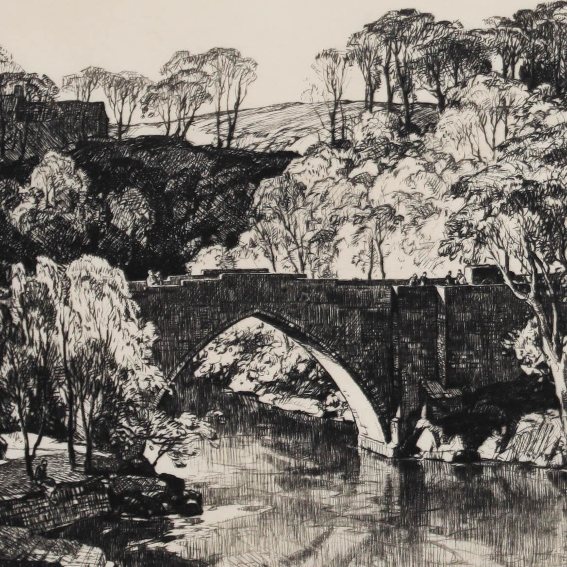 A wonderful drypoint landscape by Leonard Russell Squirrell RWS, RI, RE (1893-1979) depicting figures crossing the Brig o' Balgownie. A beautiful 13th-century bridge spanning the River Don in Old Aberdeen, Aberdeen, Scotland. This exquisite print