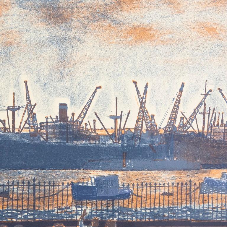 A wonderful mid-century poster illustration of the London Albert Docks against the setting sun by the renowned British artist Leonard Rosoman. Part of the Guinness Posters collection. Signed in plate. On paper.
