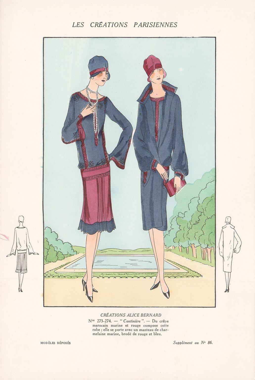 Unknown Figurative Print - Les Creations Parisiennes, French Art Deco Fashion Design Pochoir, 1927