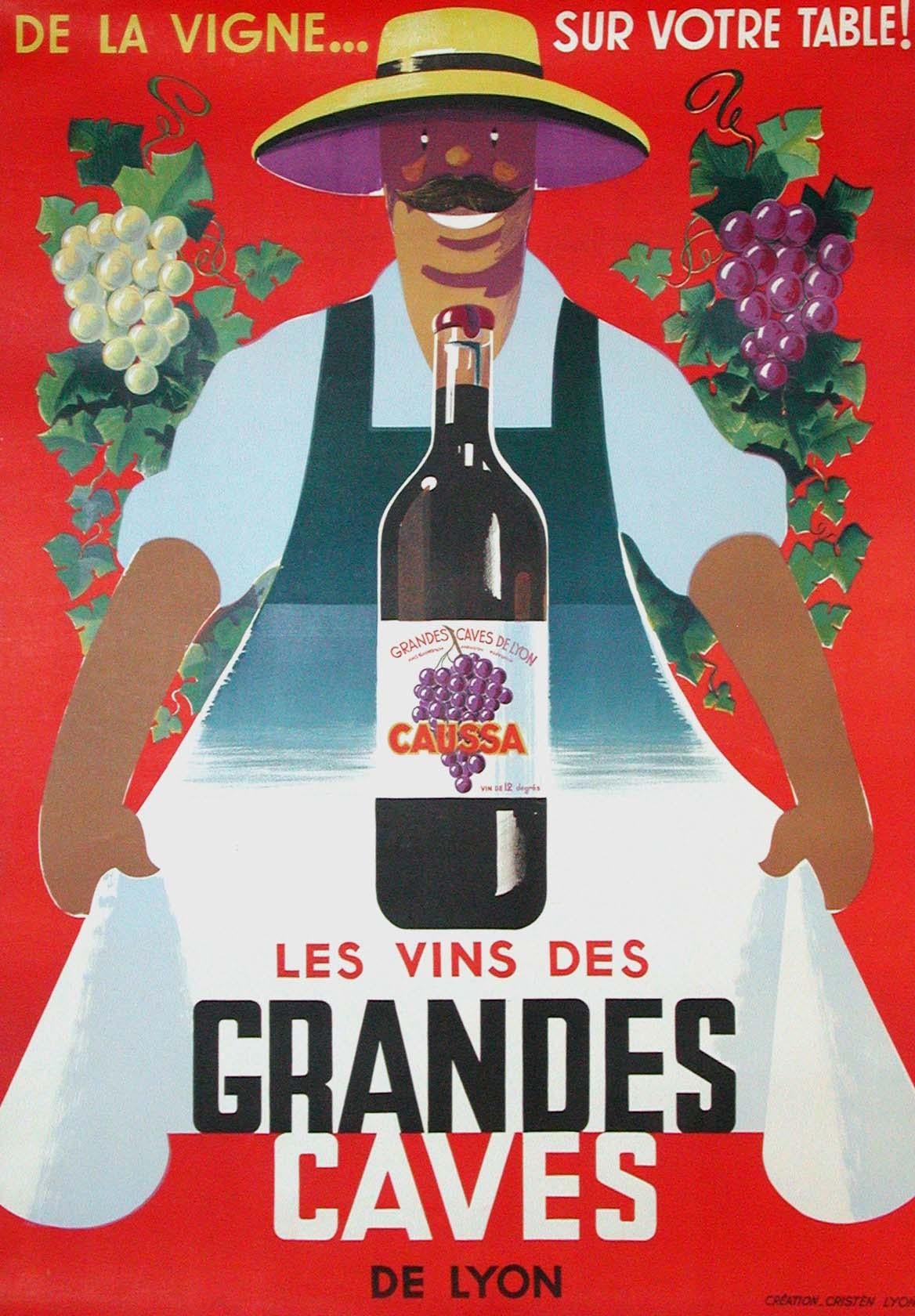 Unknown Figurative Print - "Les Vins des Grandes Caves" French Wine Beverage Original Vintage Poster