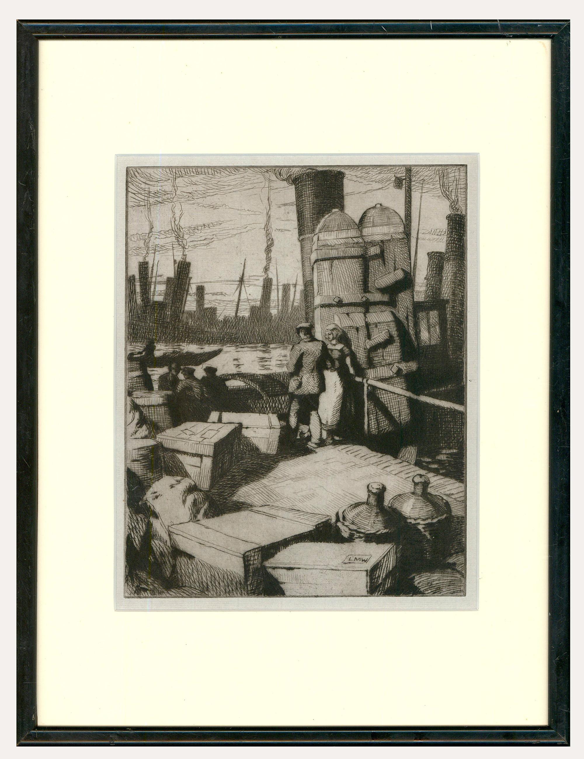 Unknown Landscape Print – Leslie Moffat Ward (1888-1978) - Radierung des frühen 20. Jahrhunderts, Among the Tugs
