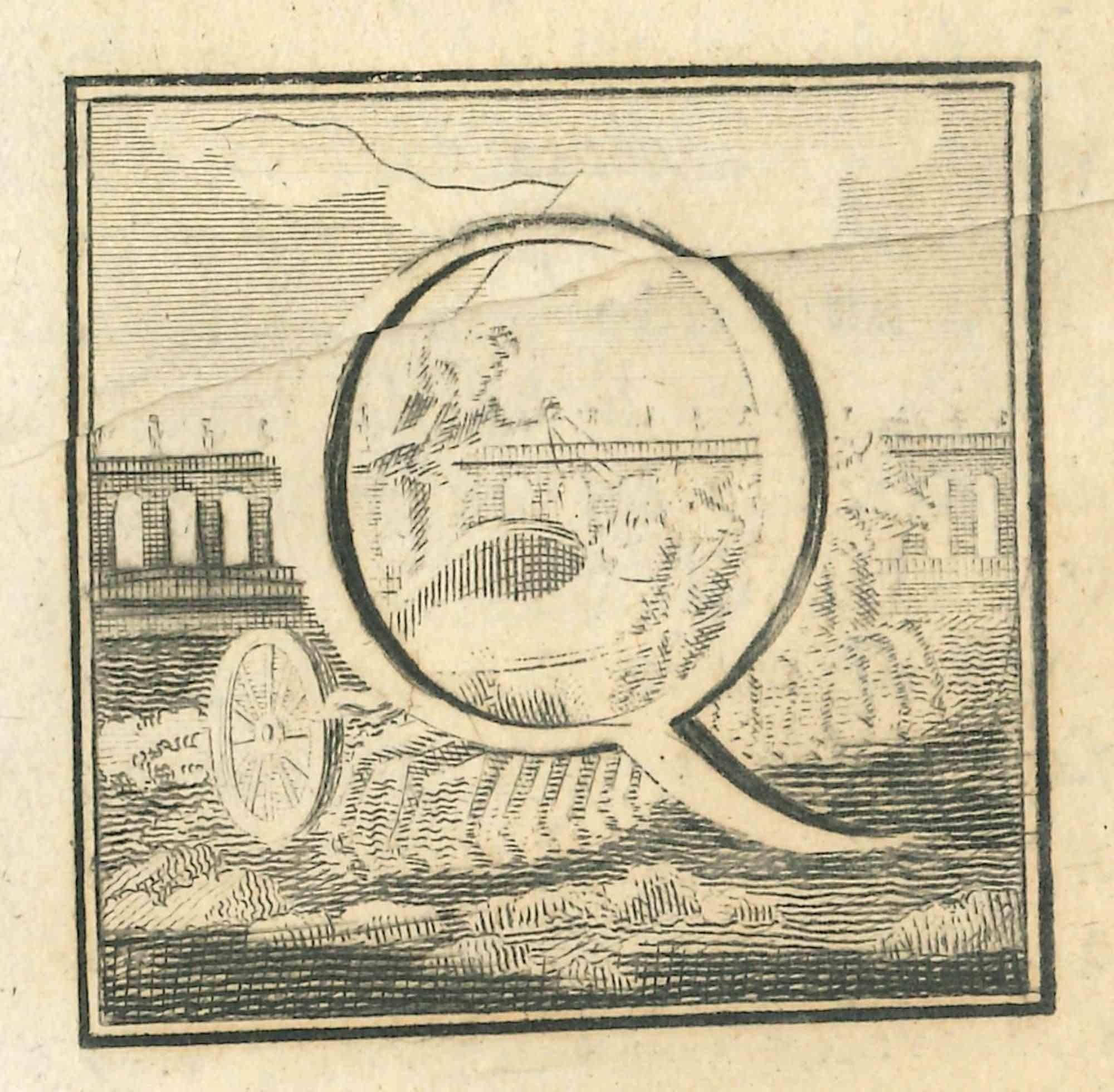 Unknown Figurative Print - Letter of the Alphabet Q -  Etching - 18th Century