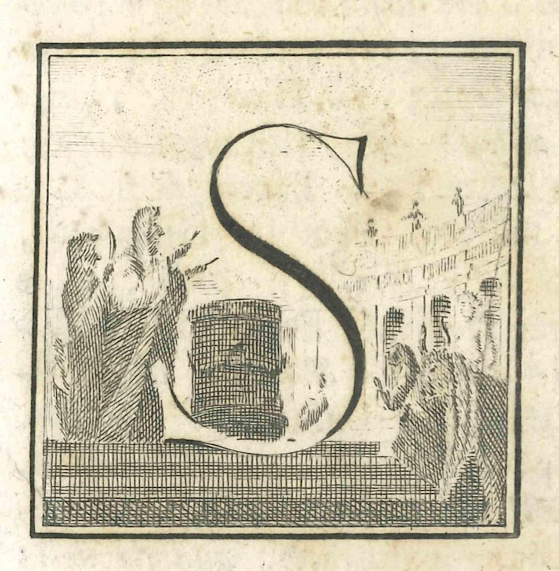Unknown Figurative Print - Letter of the Alphabet S - Etching - 18th Century