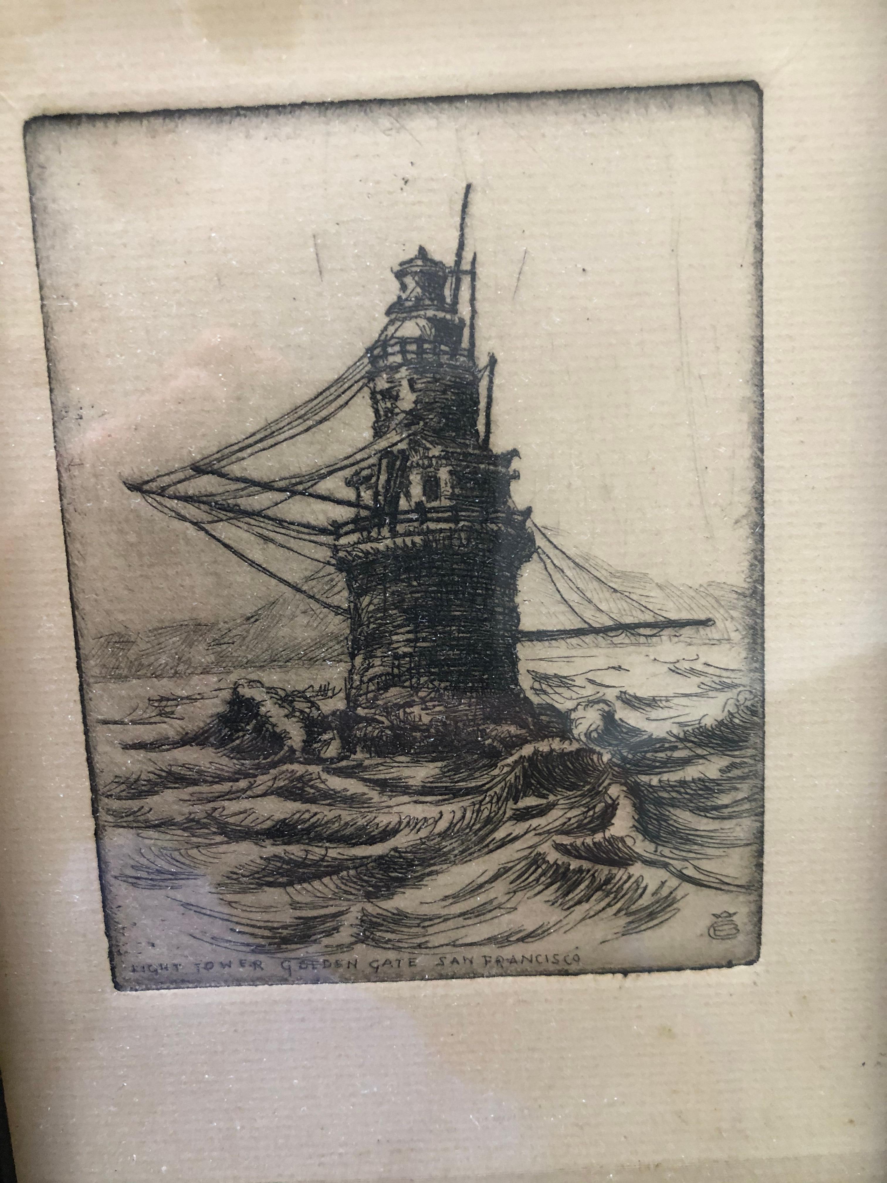 Unknown Landscape Print - Light Tower Golden Gate San Francisco Etching