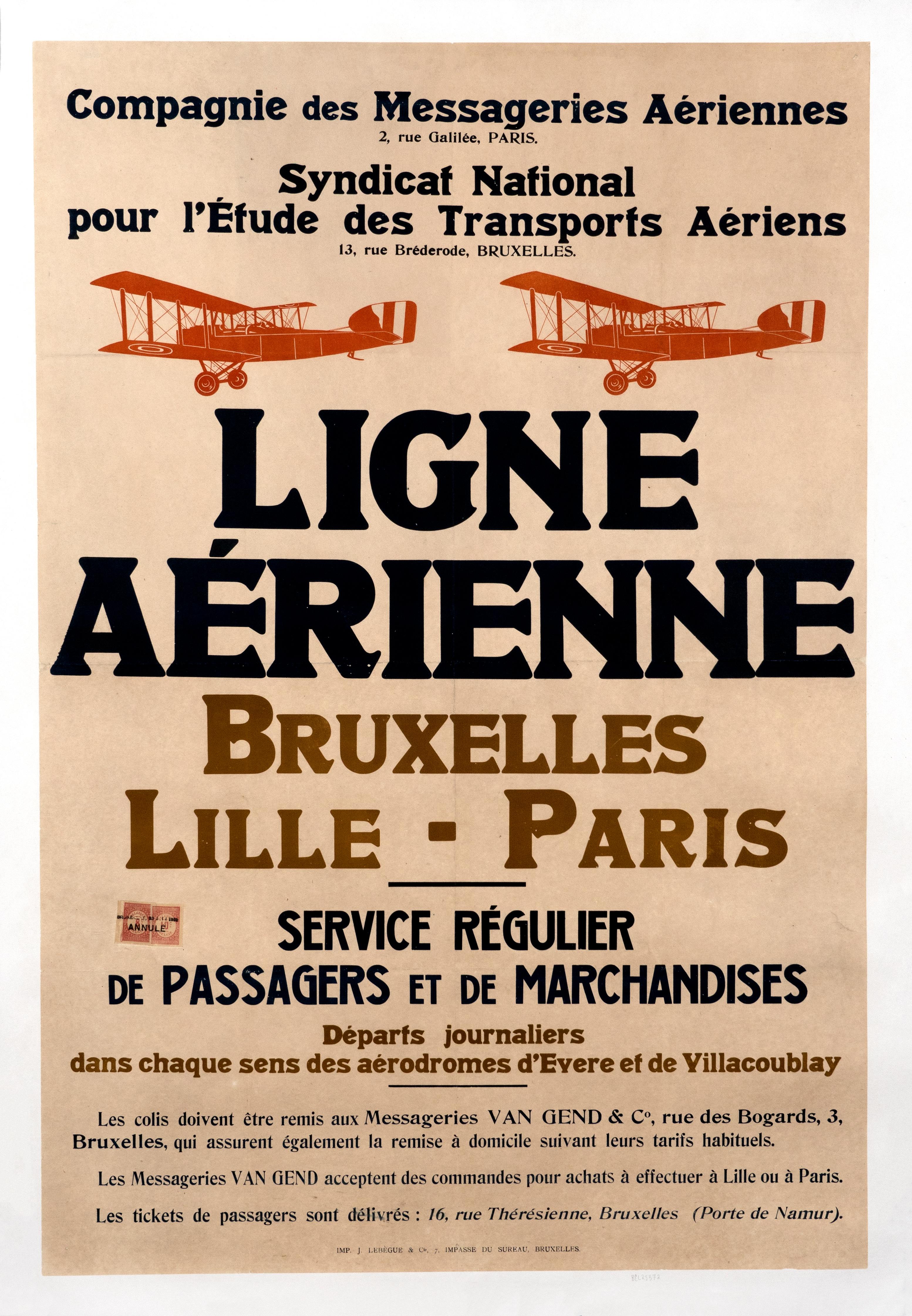 "Ligne Aerienne Bruxelles - Lille - Paris" Original Antique Aviation Poster - Print by Unknown