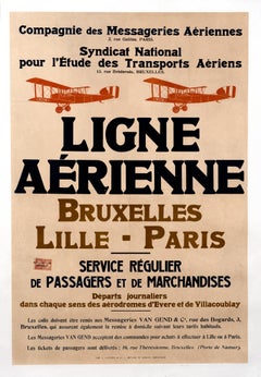 "Ligne Aerienne Bruxelles - Lille - Paris" Original Antique Aviation Poster