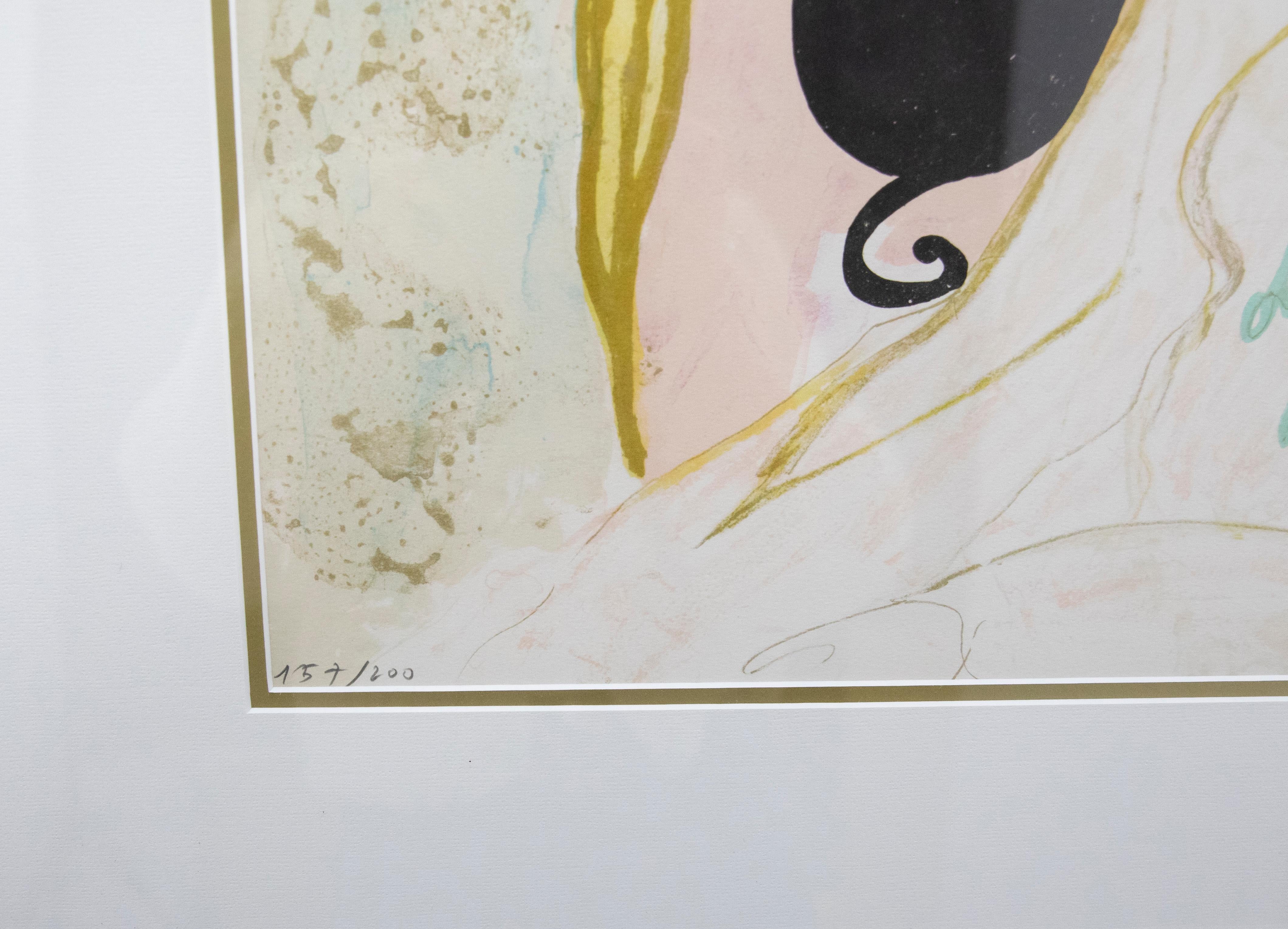 Un disegno litografico originale dell'artista contemporanea Linda Le Kinff (nata nel 1949). Montato in un'elegante cornice con effetto dorato. Firmato in grafite sul bordo inferiore e con edizione 157/200. La stampa è accompagnata da un certificato