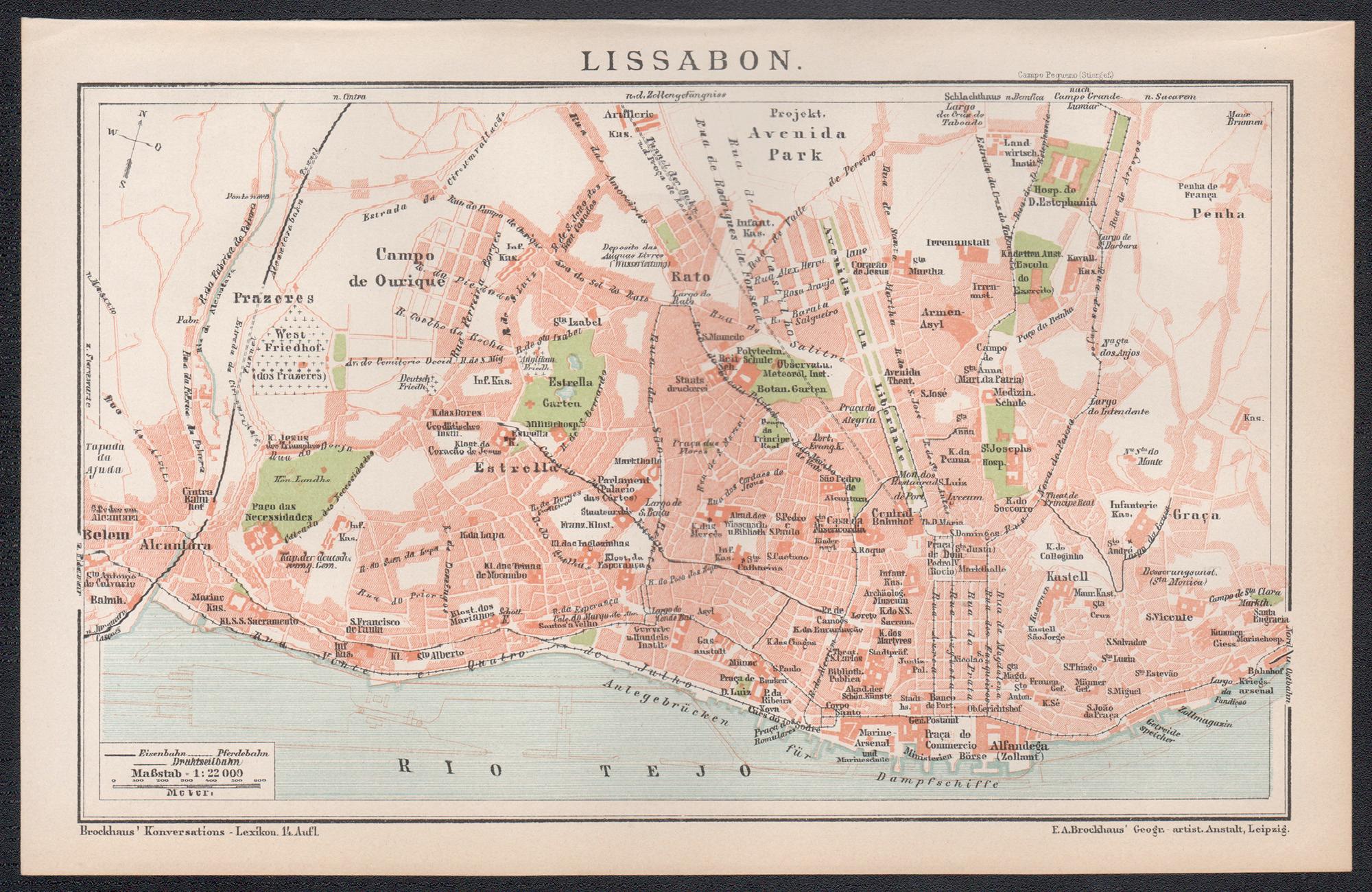 Lissabon, Portugal. Antike Karte Stadtplan Chromolithographie, um 1895 – Print von Unknown