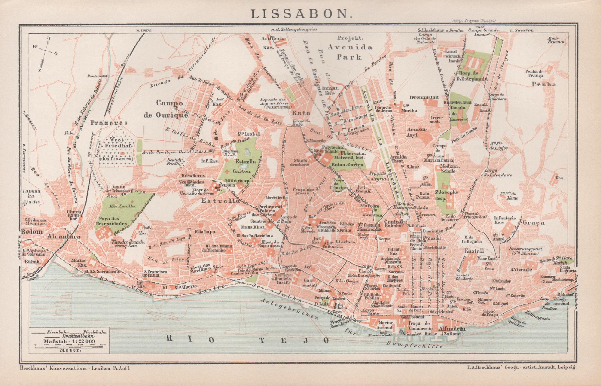 Lisbon, Portugal. Antique Map City Plan Chromolithograph, circa 1895