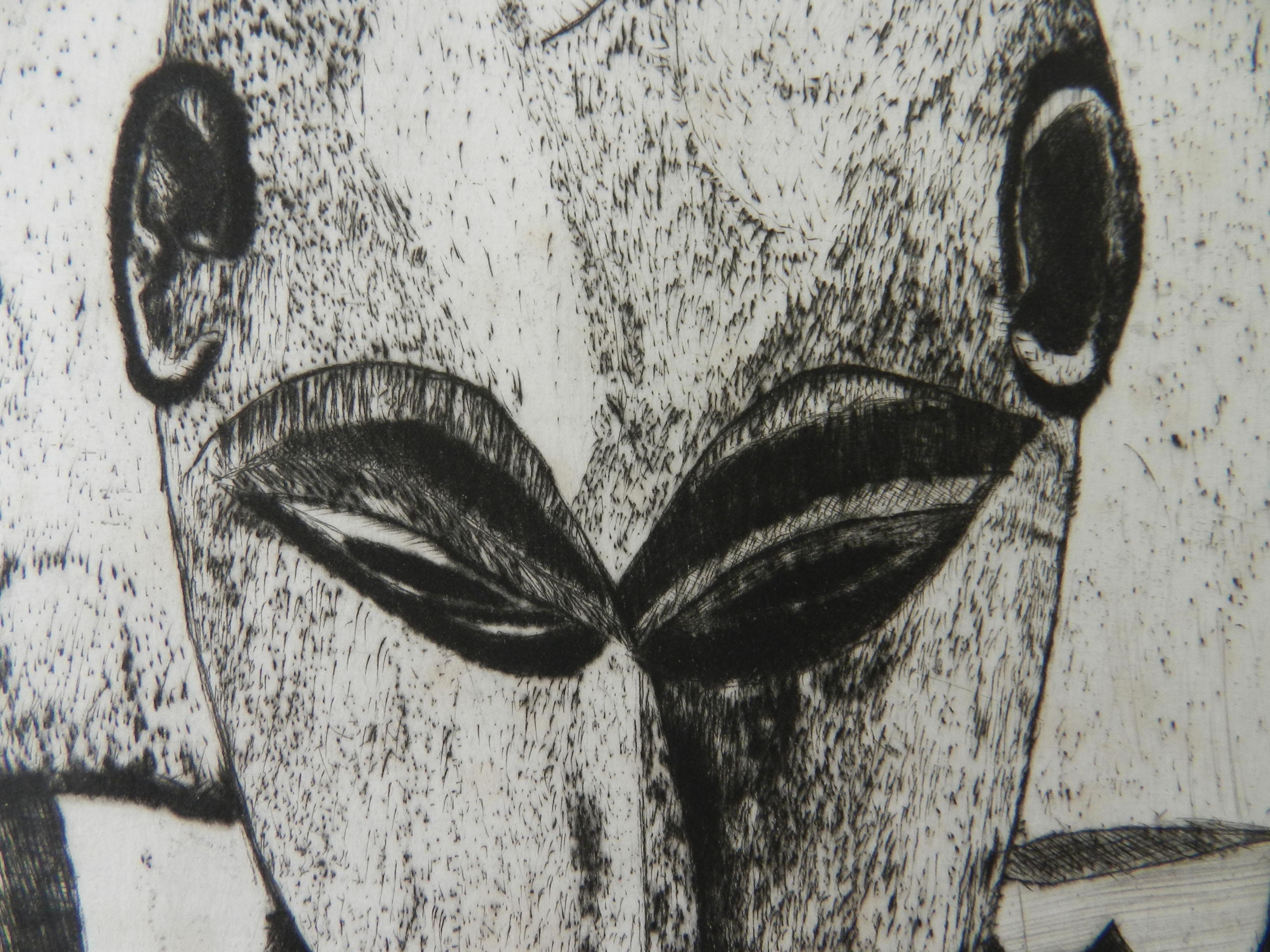 Midcentury African Mask Lithograph French signed - Print by Unknown