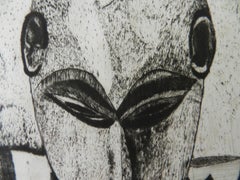 Lithographie française de masque africain du milieu du siècle dernier, signée