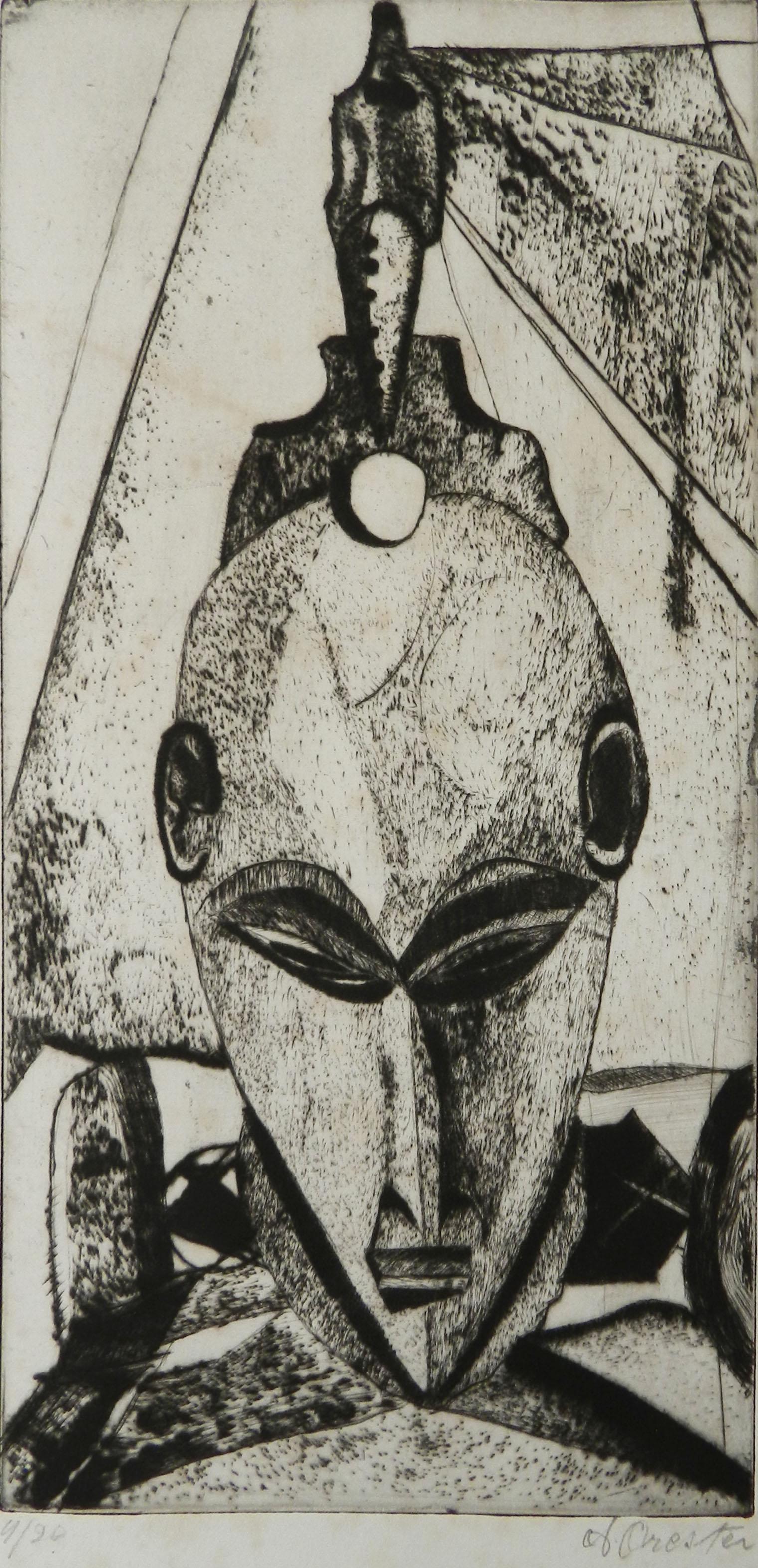 Unknown Abstract Print – Afrikanische Maskenlithographie aus der Mitte des Jahrhunderts, Französisch signiert