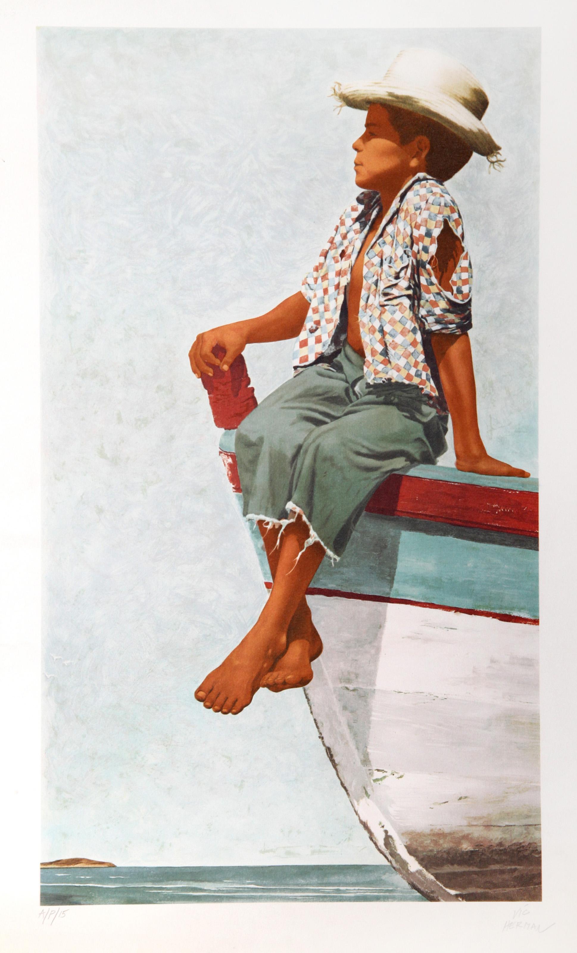 Vic Herman, estadounidense (1919 - 1999) - Pequeño pescador de Boca del Río, Año:  hacia 1978, Medio:  Litografía, firmada y numerada a lápiz, Edición:  AP, Tamaño de la imagen:  26 x 15 pulgadas, Tamaño:  29.5  x 18 in. (74.93  x 45,72 cm) 