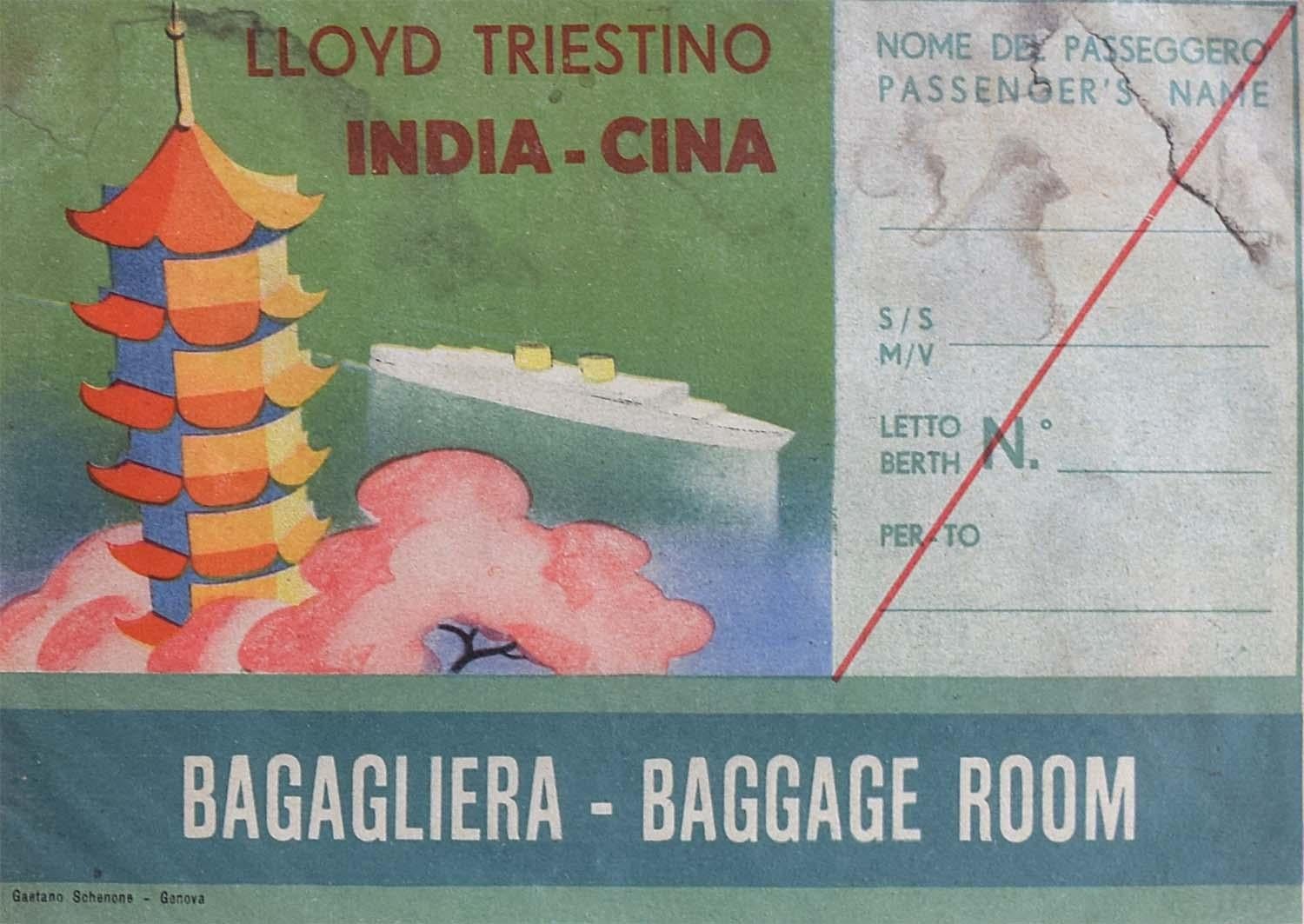 Lloyd India to China Baggage Room Original Vintage Printed Luggage Label