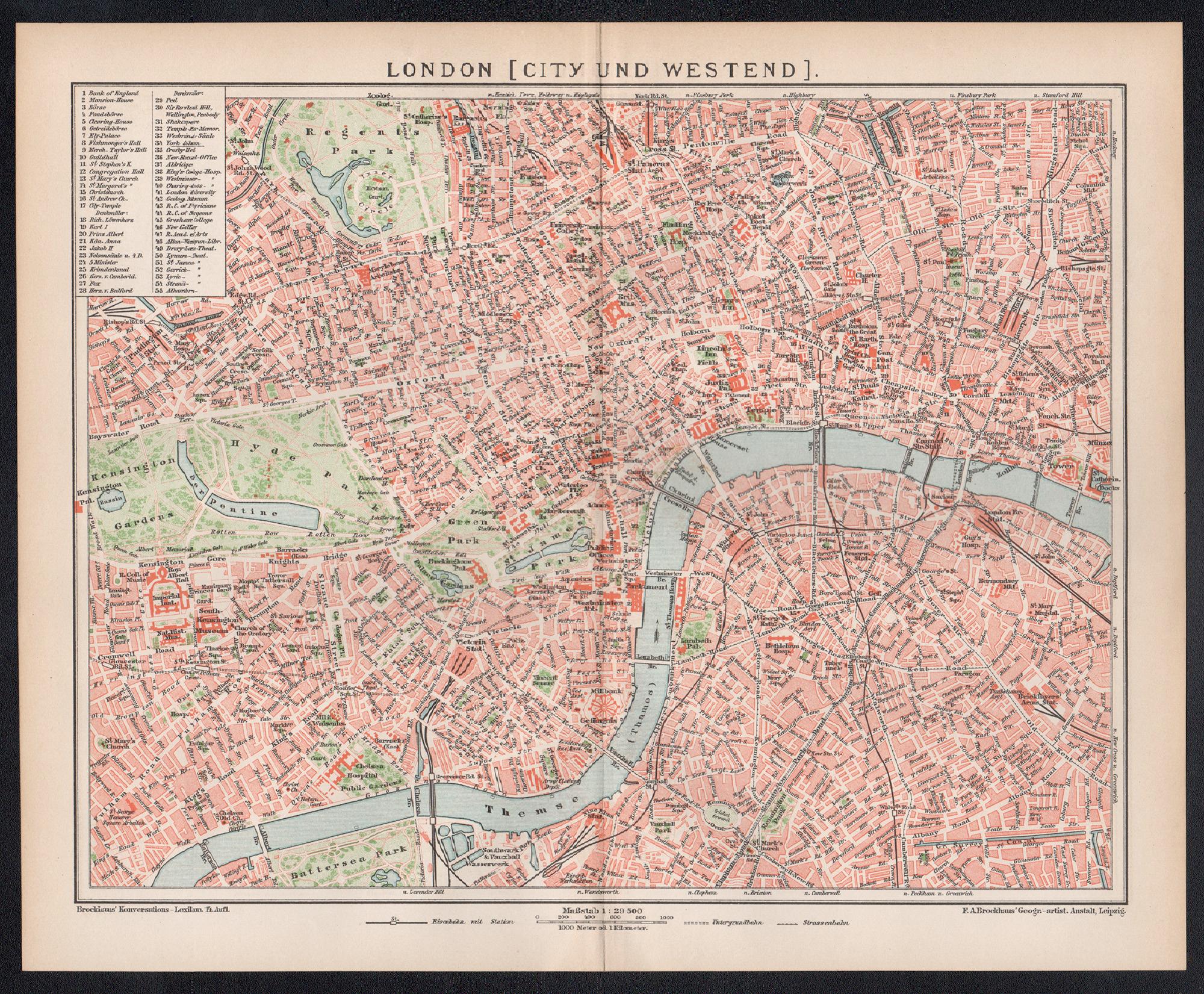 London, City und West End. Antike Karte Stadtplan Chromolithographie, um 1895 – Print von Unknown
