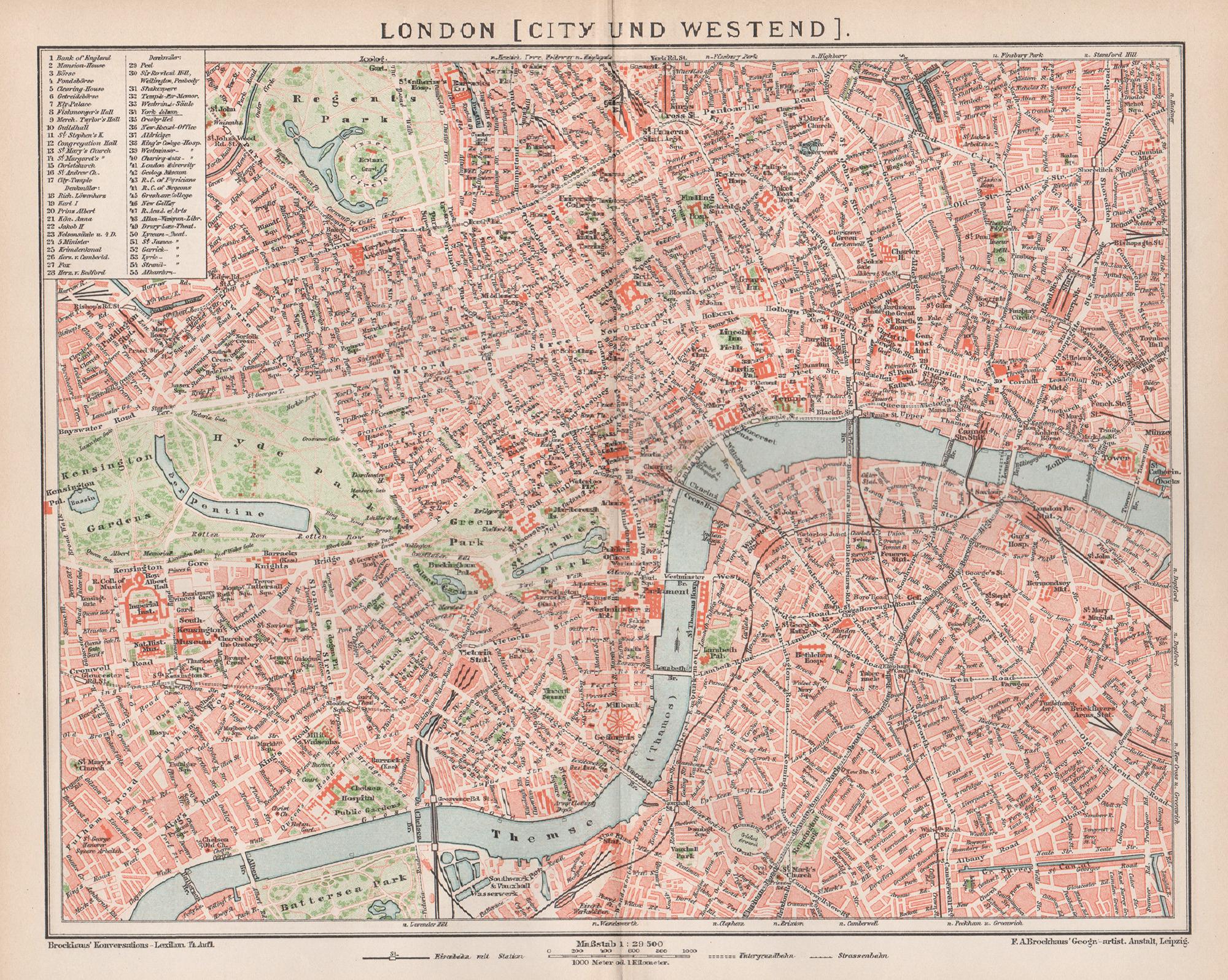 Unknown Print – London, City und West End. Antike Karte Stadtplan Chromolithographie, um 1895
