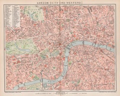 London, City und West End. Antike Karte Stadtplan Chromolithographie, um 1895