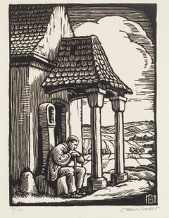 Lonely Man - Original Woodcut - Mid 20th Century