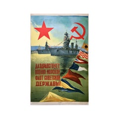 Vintage Long live the Soviet Fleet Original Poster 1947 Military Communist Navy