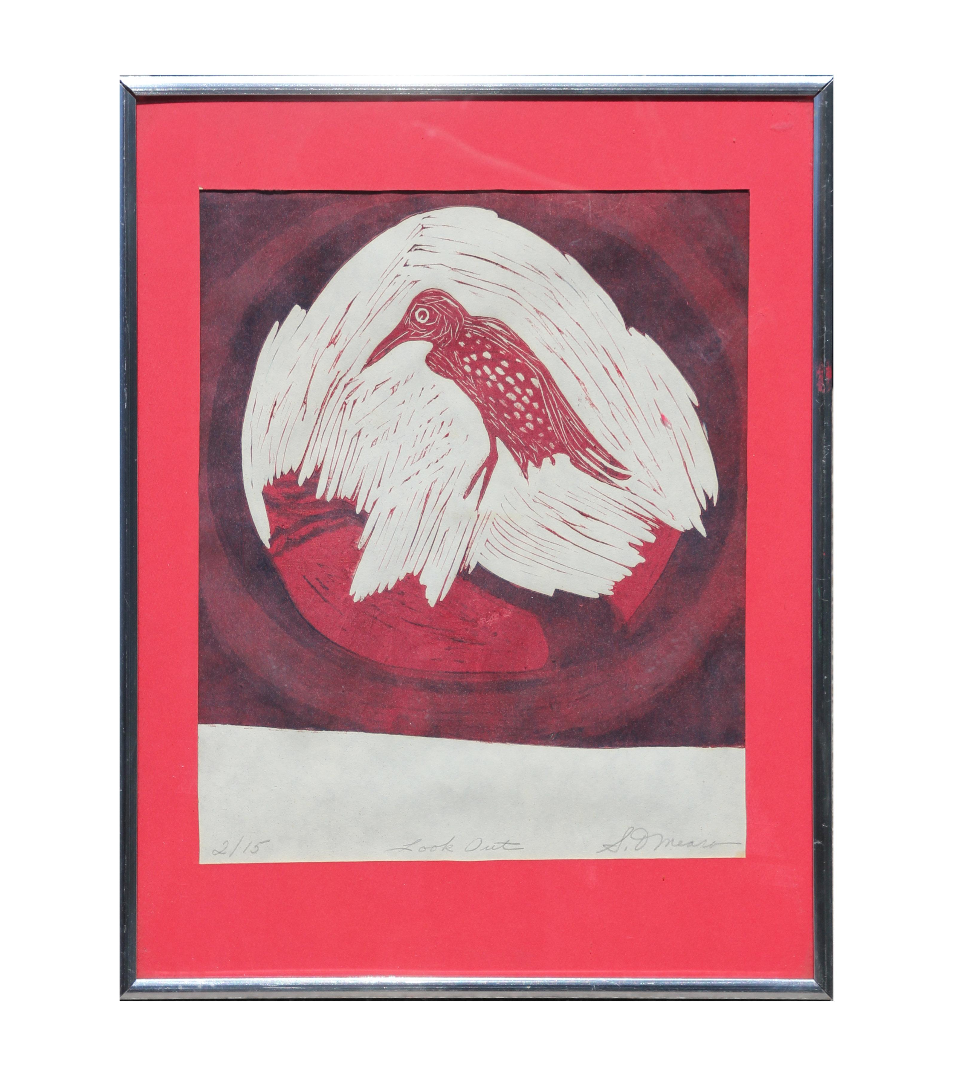 "Look Out" Pájaro Rojo Abstracto xilografía Edición 2 de 15