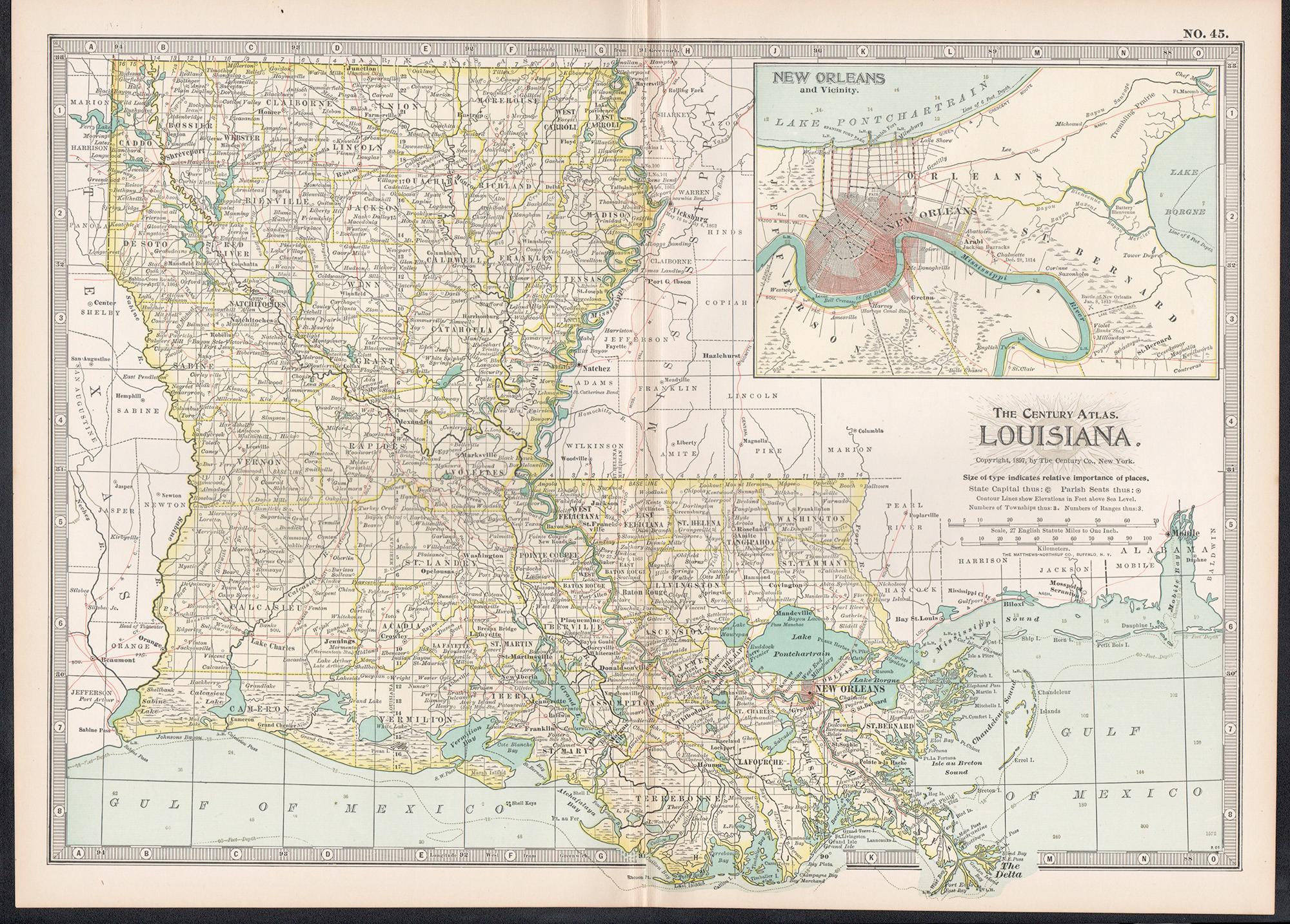 Louisiana. USA Century Atlas state antique vintage map - Print by Unknown