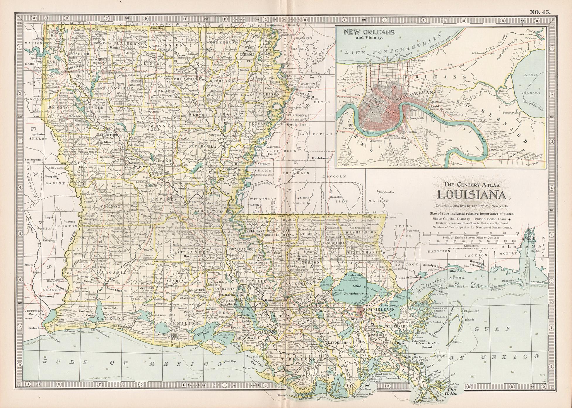 Unknown Print - Louisiana. USA Century Atlas state antique vintage map