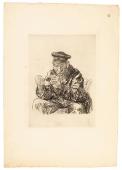 Gravure « L'homme à la pipe », fin du XIXe siècle, non encadrée, 25,5 x 18,5 cm