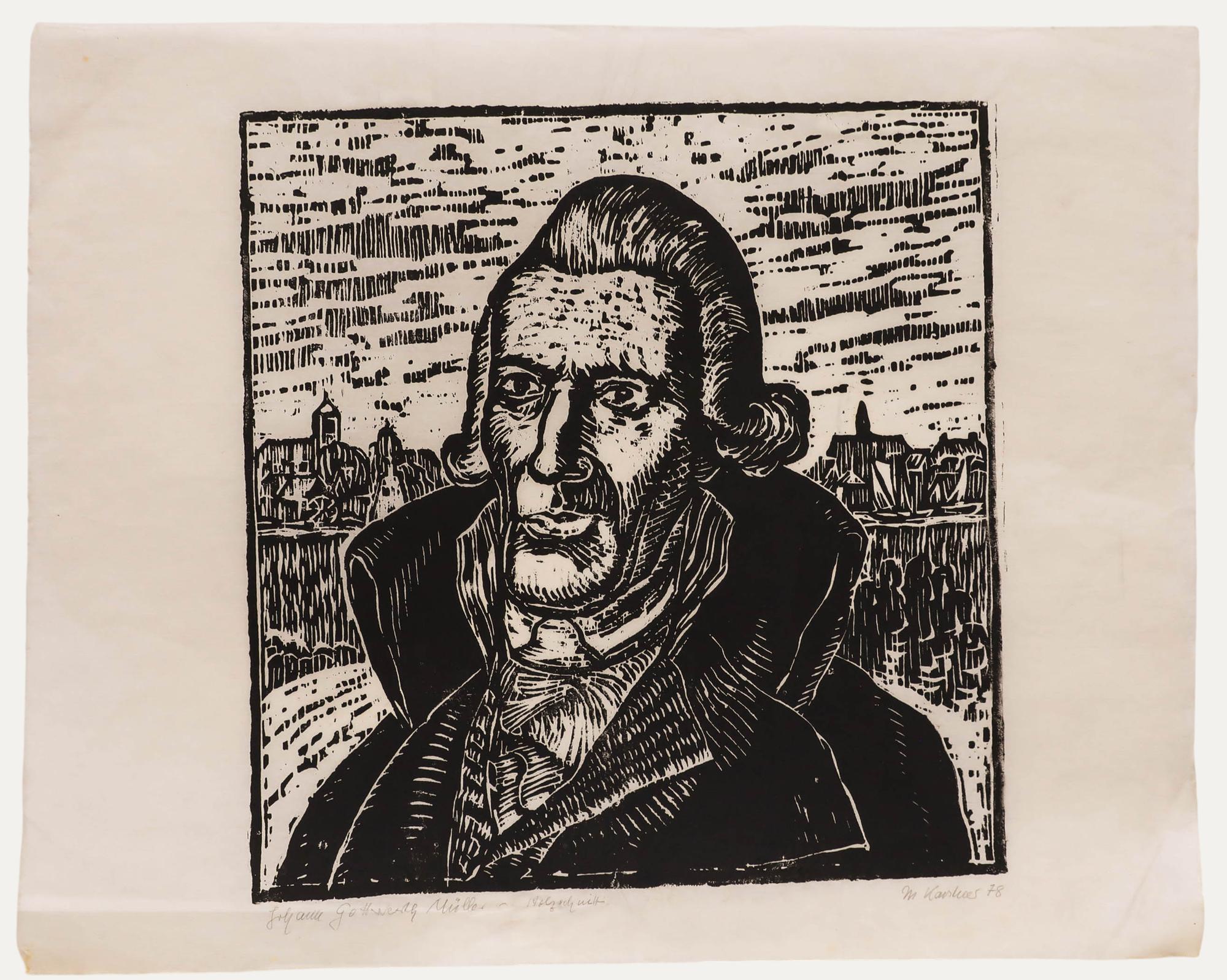 Unknown Portrait Print – M. Karstens - Holzschnitt 20. Jahrhundert, Porträt von Johann Gottwerth Muller