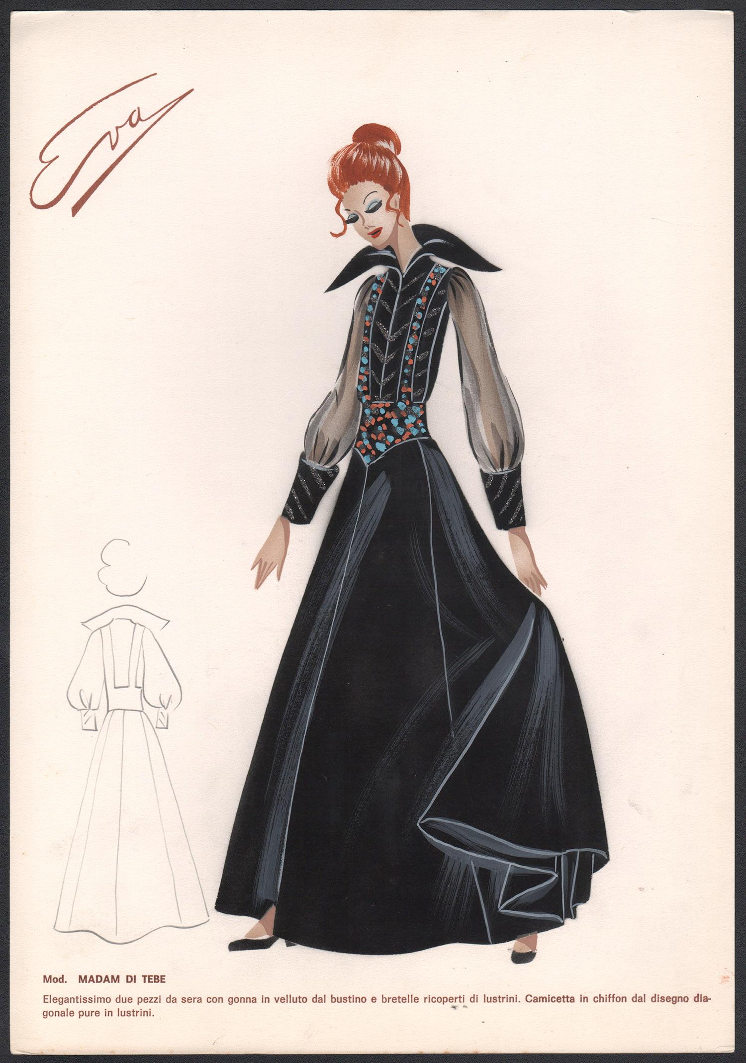 Unknown Figurative Print - 'Madam di Tebe' Italian 1960s Women's Fashion Design Illustration