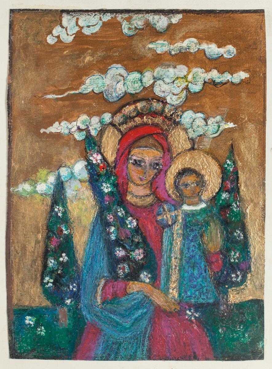 Unknown Figurative Print - Madonna with Child - Oil Painting on Cardboard - 20th Century