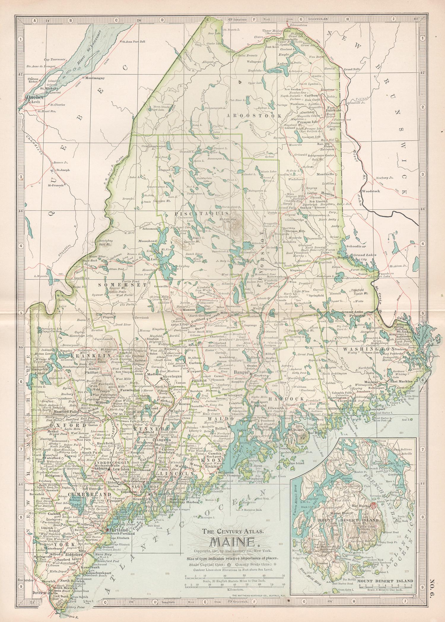 Maine. USA Century Atlas state antique vintage map
