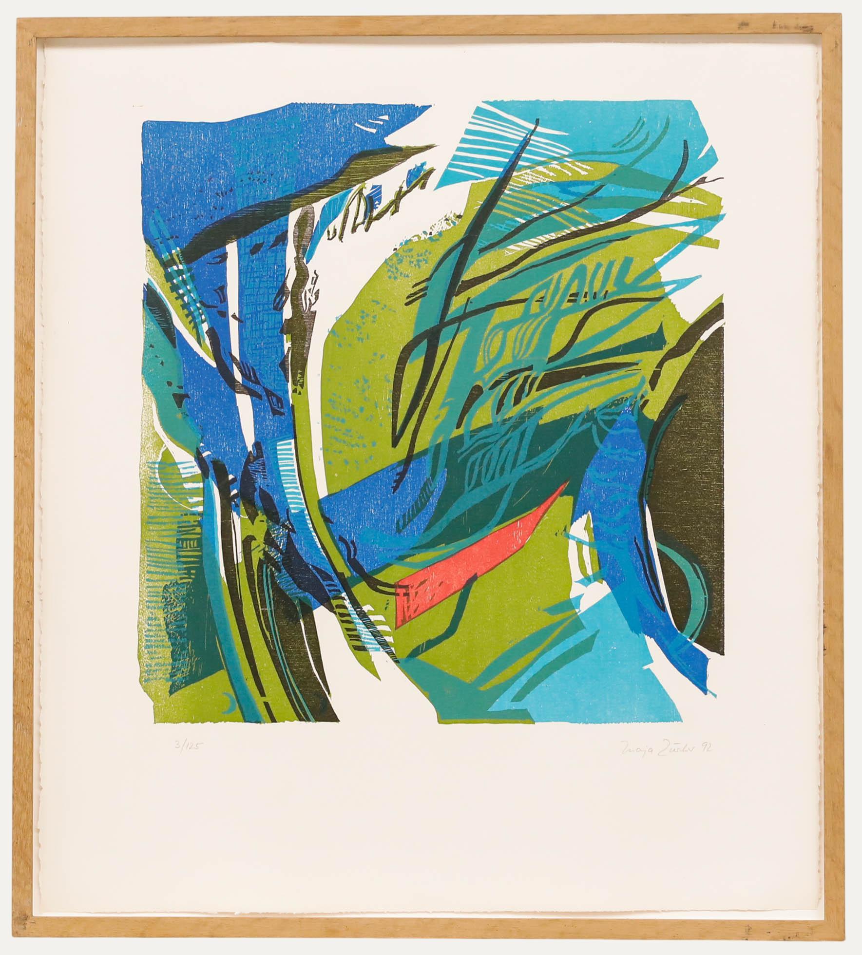 Unknown Landscape Print - Maja Zürcher (1945-1997) - Framed Contemporary Woodcut, Sinuous River