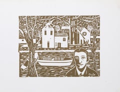 Hombre, río, paisaje, linograbado moderno de Biagio Civale