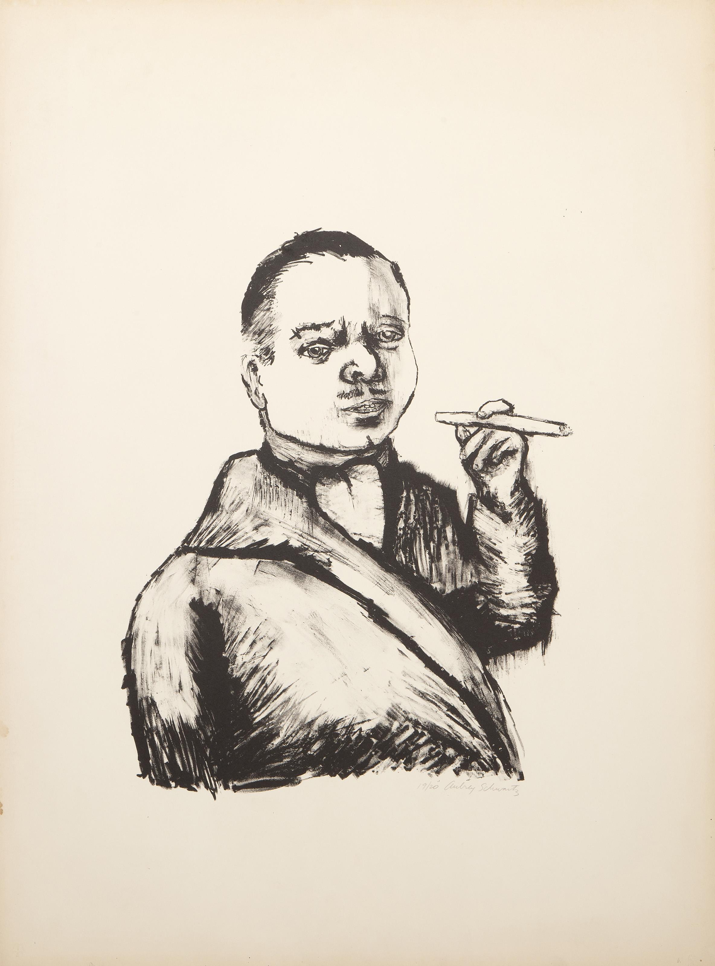 Uomo che fuma il sigaro da Il portafoglio del nano e della nana, litografia surrealista - Print di Aubrey Schwartz