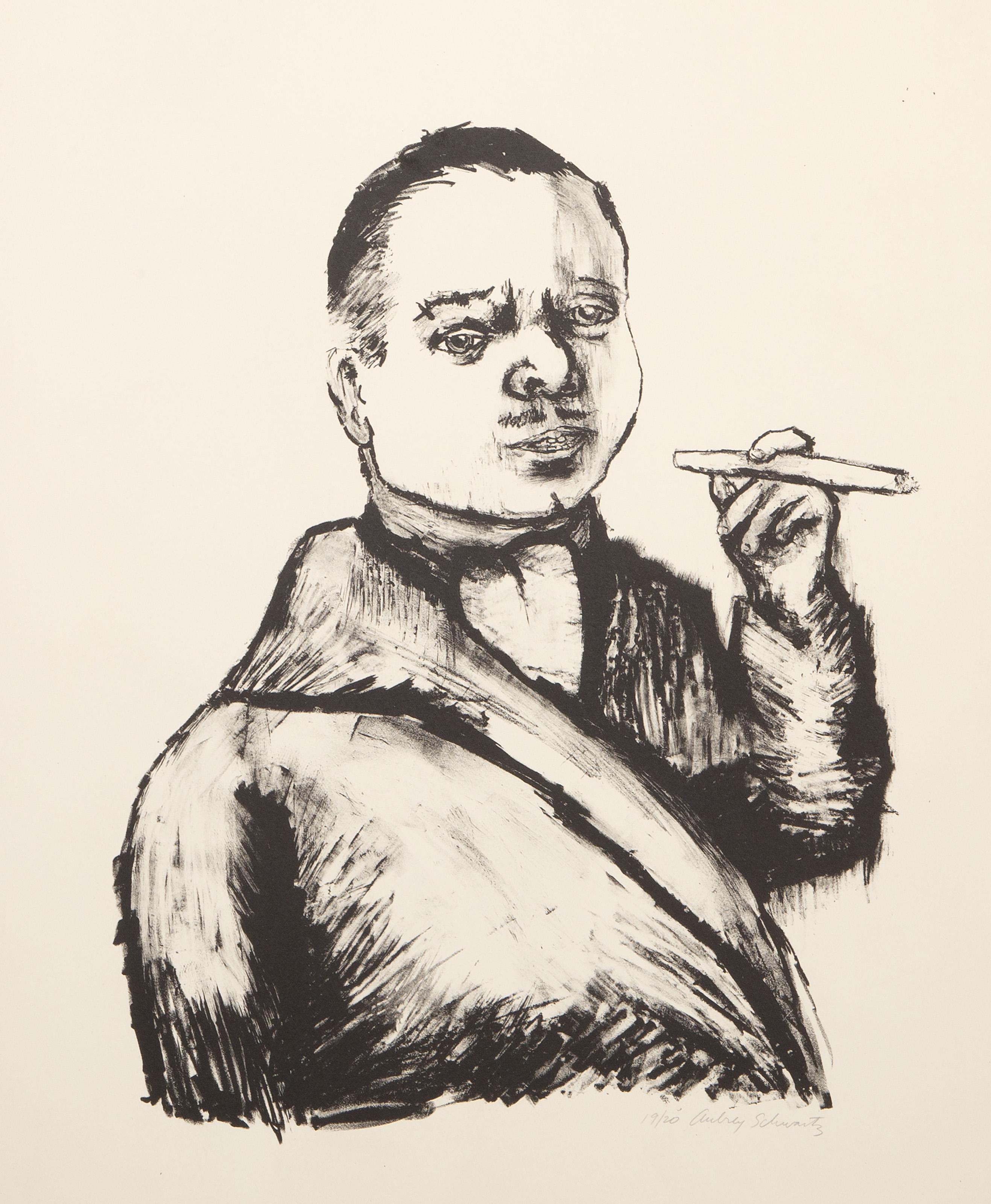Portrait Print di Aubrey Schwartz - Uomo che fuma il sigaro da Il portafoglio del nano e della nana, litografia surrealista
